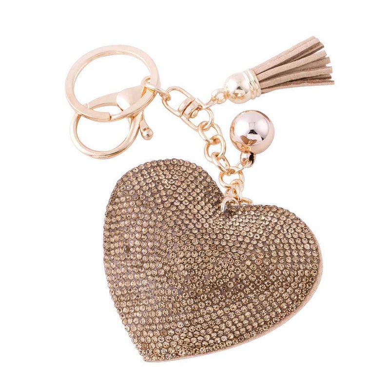 Soleebee Glitter Love Heart Keychain Premium SS6 Crystal Tassel Key Chain Leather Bag Charm for Women Girls (Light gold) - Image 1